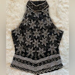 Boutique beaded sleeveless lined halter evening top, size S